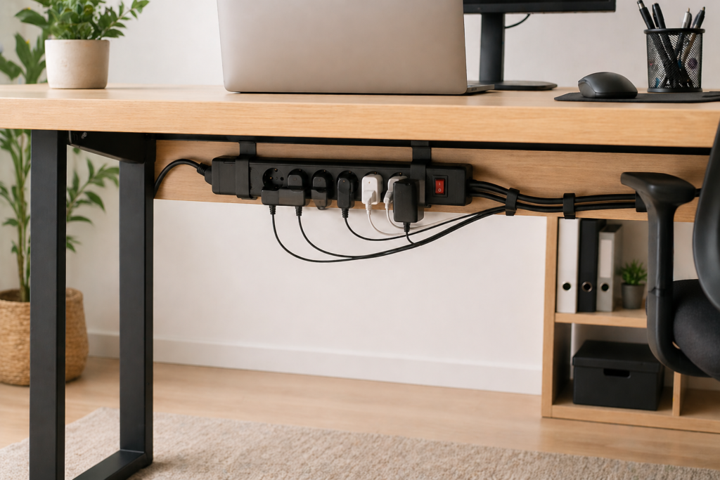 fixer multiprise sous bureau sans percer avec câbles organisés