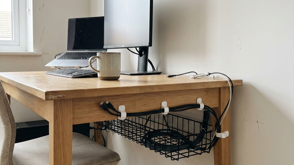 cacher les câbles bureau avec attaches et panier sous bureau pour un espace propre