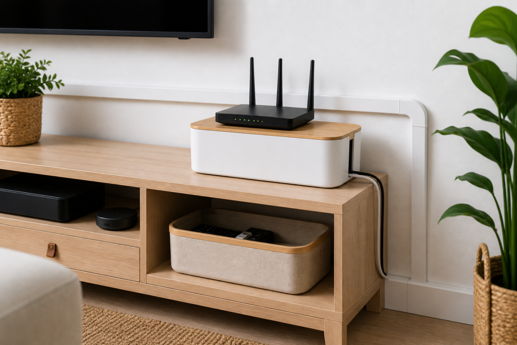 cacher cables box internet sans percer salon organise