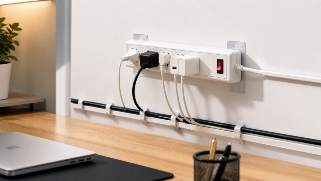 multiprise fixée au mur sans percer avec câbles bien organisés dans un bureau propre