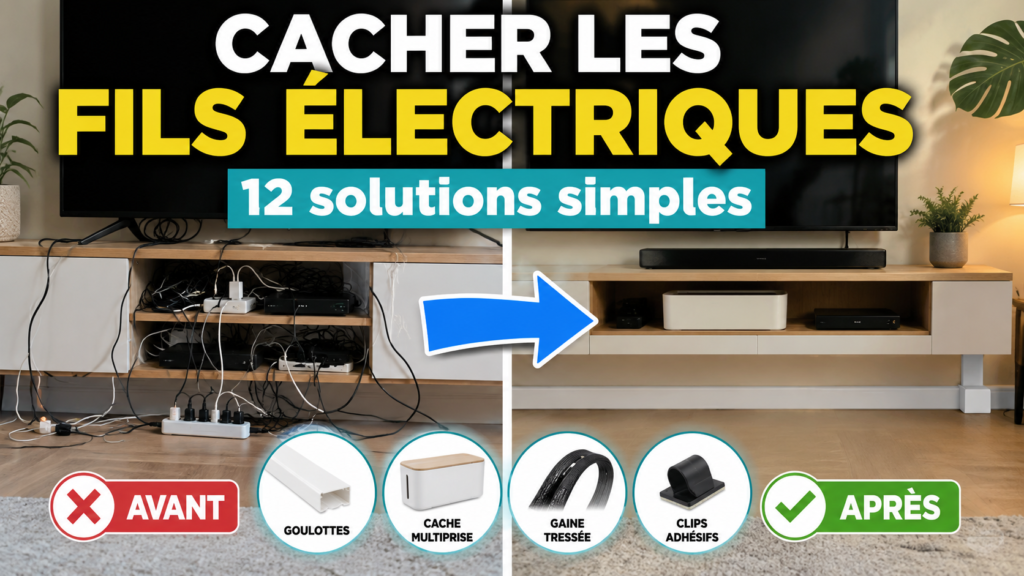 Câbles électriques cachés derrière un meuble TV avec goulotte et cache-câbles