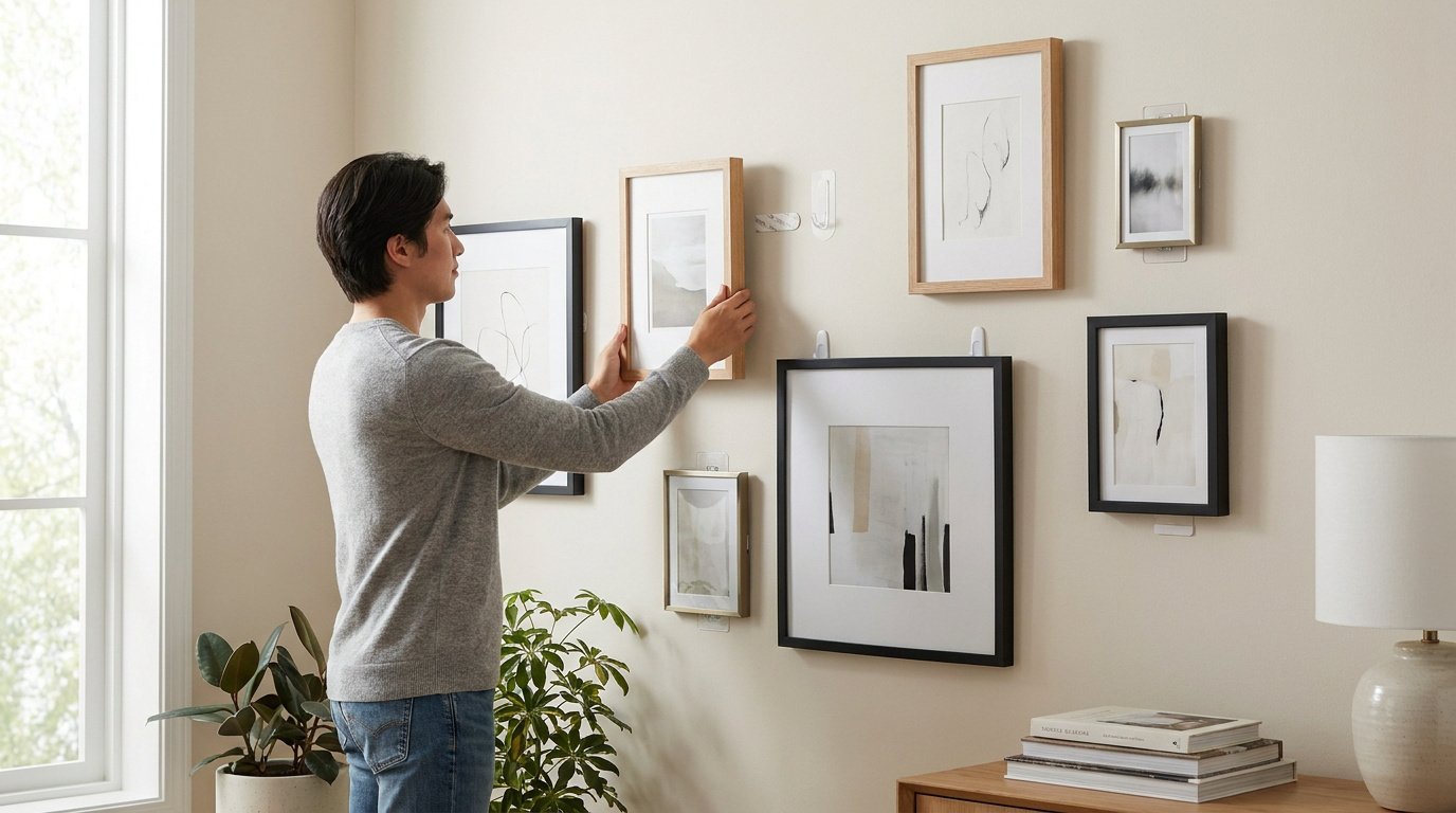 Un homme ajuste un cadre photo sur un mur beige à l'aide d'adhésifs muraux sans clous ni perçage.