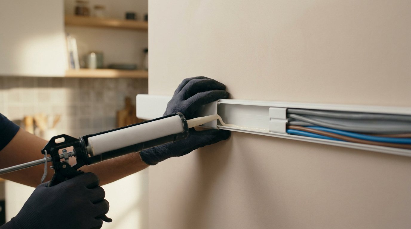 Une personne porte des gants et utilise un pistolet à colle pour fixer une goulotte électrique au mur.