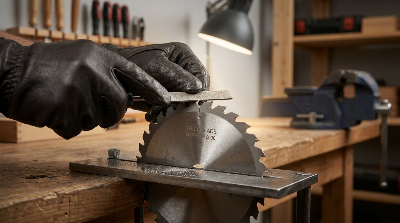 Mains avec gants en cuir utilisant une lime pour affûter manuellement une lame de scie circulaire sur un établi.