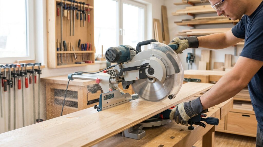 Un menuisier utilise une scie onglet radiale pour couper une planche de bois dans son atelier.