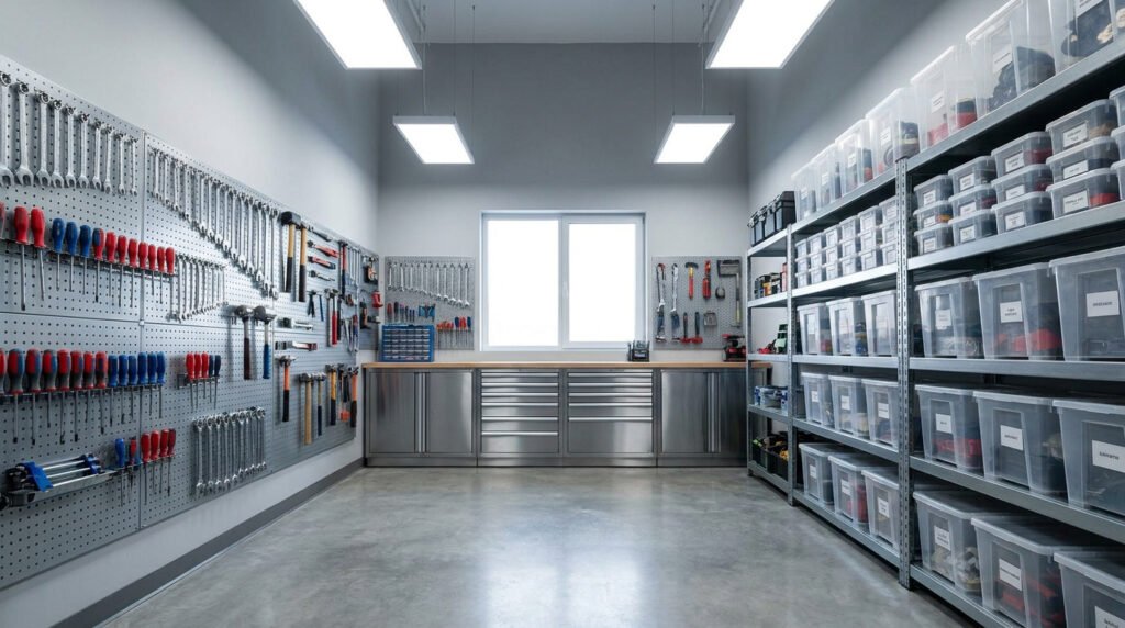 Atelier bien organisé avec un mur à outils perforé et des étagères remplies de boîtes de rangement en plastique.