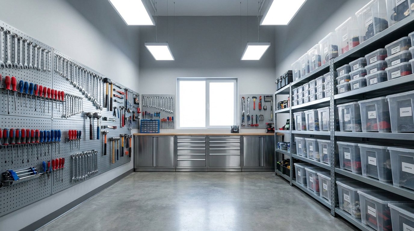 Atelier bien organisé avec un mur à outils perforé et des étagères remplies de boîtes de rangement en plastique.