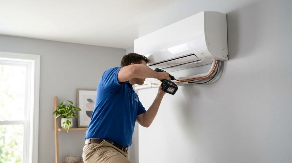 Un technicien en polo bleu installe une unité intérieure de climatisation split sur un mur blanc avec une perceuse.
