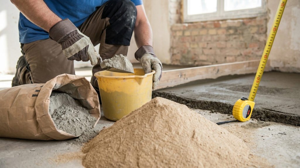 Un artisan préparant du mortier avec une truelle, un seau et un mètre ruban pour une chape de 5 cm sur un chantier.
