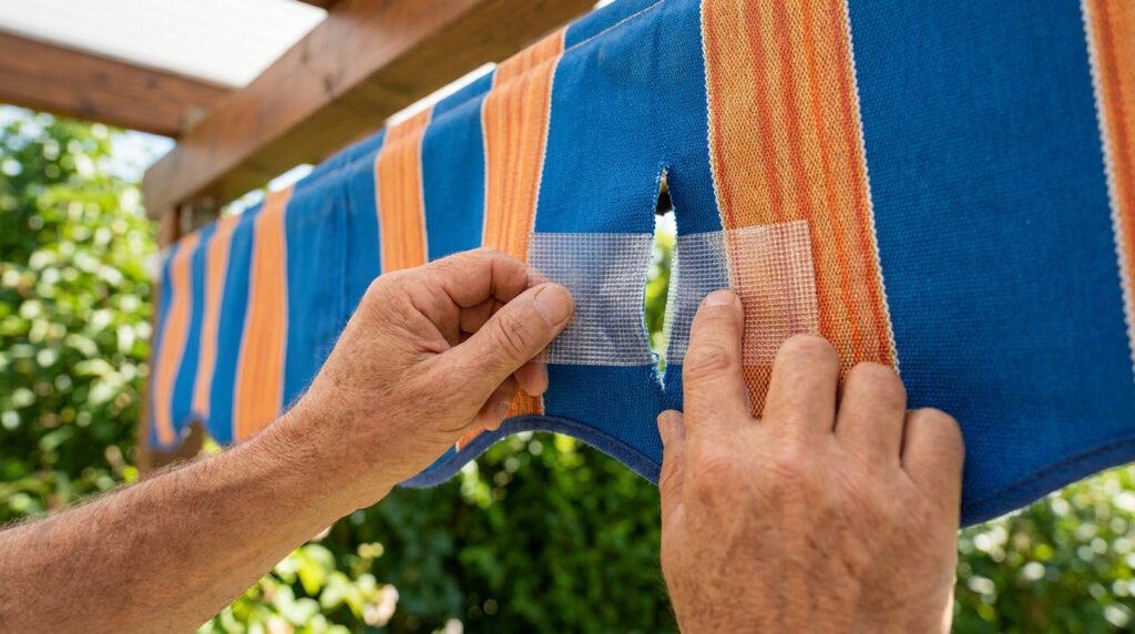 Gros plan sur des mains réparant une déchirure sur une toile de store bleue et orange avec un ruban adhésif transparent.