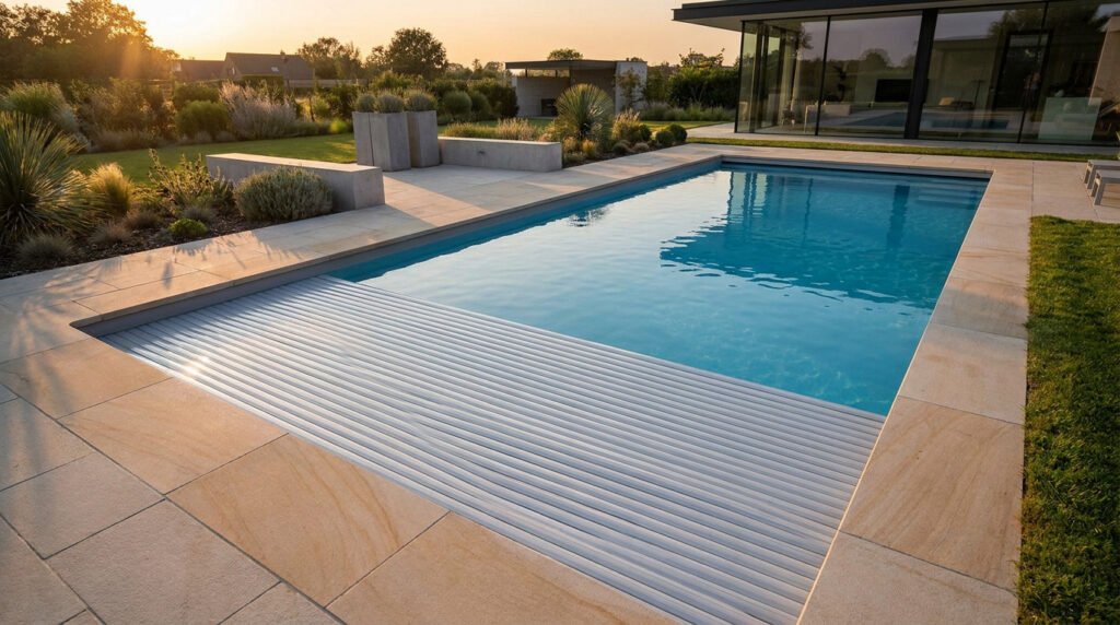 Piscine moderne avec un volet de protection immergé dans un jardin paysager au coucher du soleil.