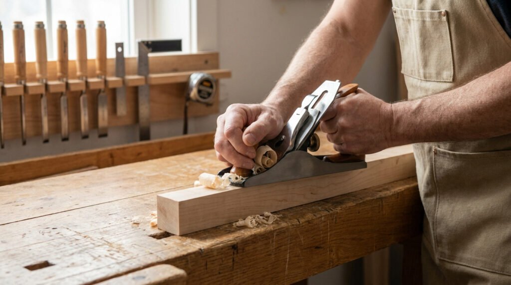Artisan utilisant un rabot manuel pour travailler une pièce de bois sur un établi dans un atelier.